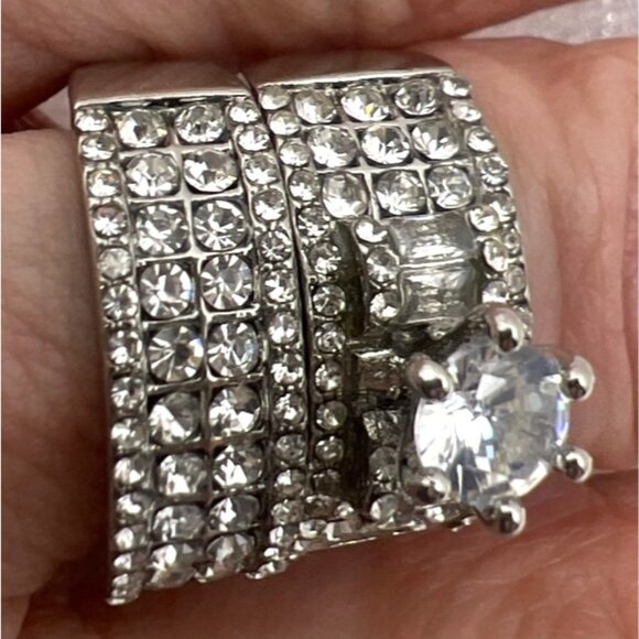 Wedding Ring Set Clear Cubic Zirconias Sz 8.5 27.3mm wide 9 rows Pave Cluster - Picture 4 of 12